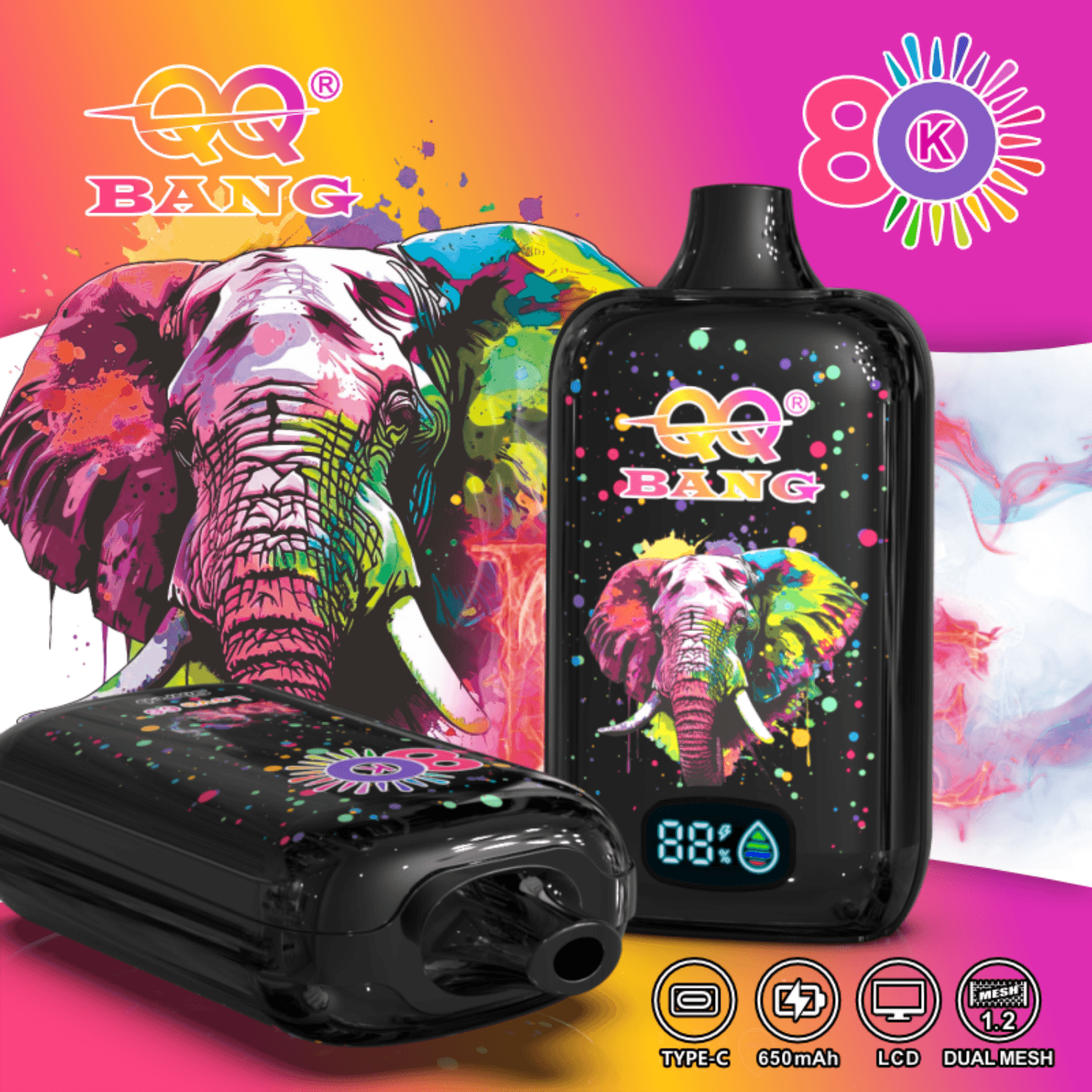 Colorful 80K vape device with neon elephant artwork, LCD 88% display, Type‑C charging, 650mAh, dual mesh coils