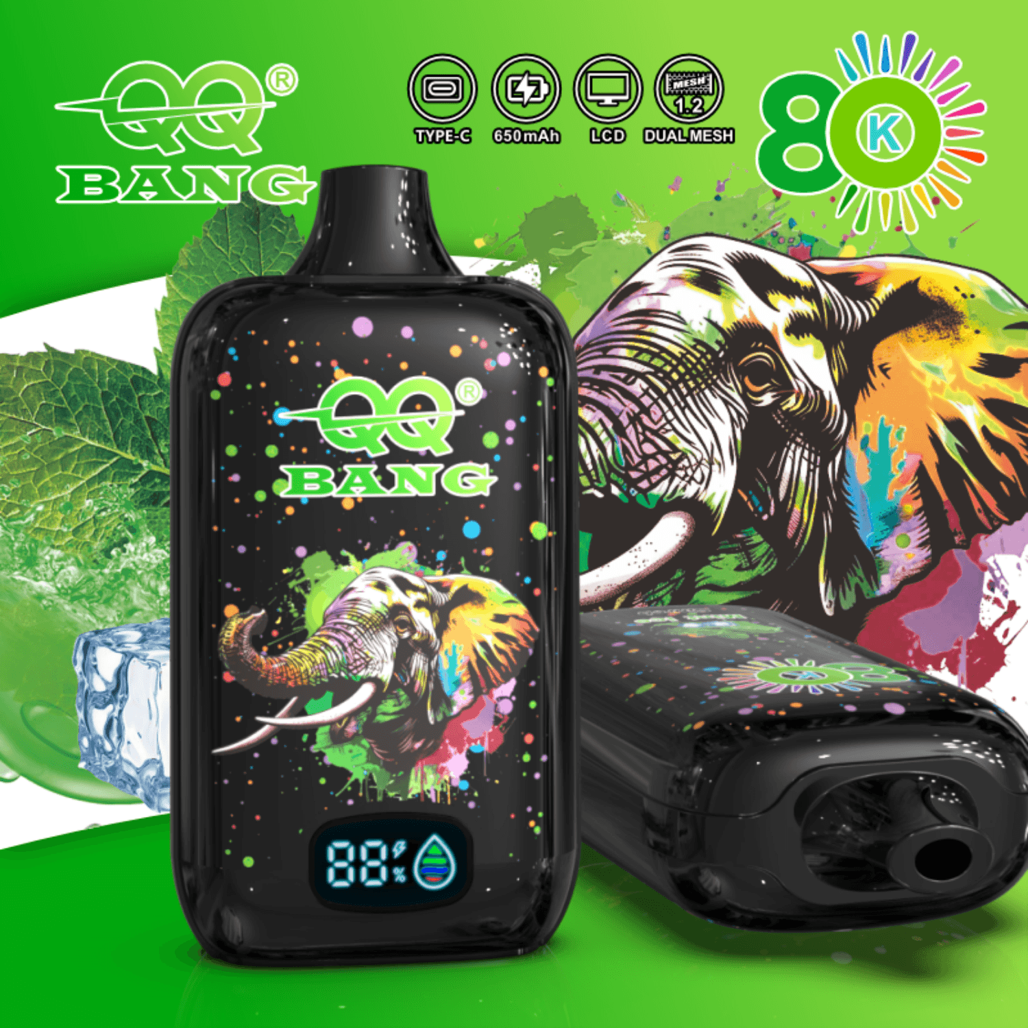 Black QQ Bang vape device with colorful elephant design, LCD display, 650mAh Type-C charging, dual mesh, 8K puffs branding