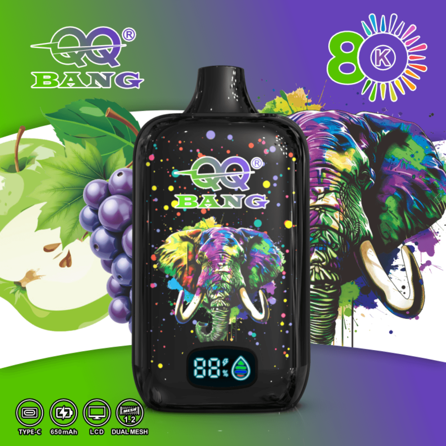 EQ Bang 80K vape device with colorful elephant design, grape and apple graphics, and LCD battery display icons