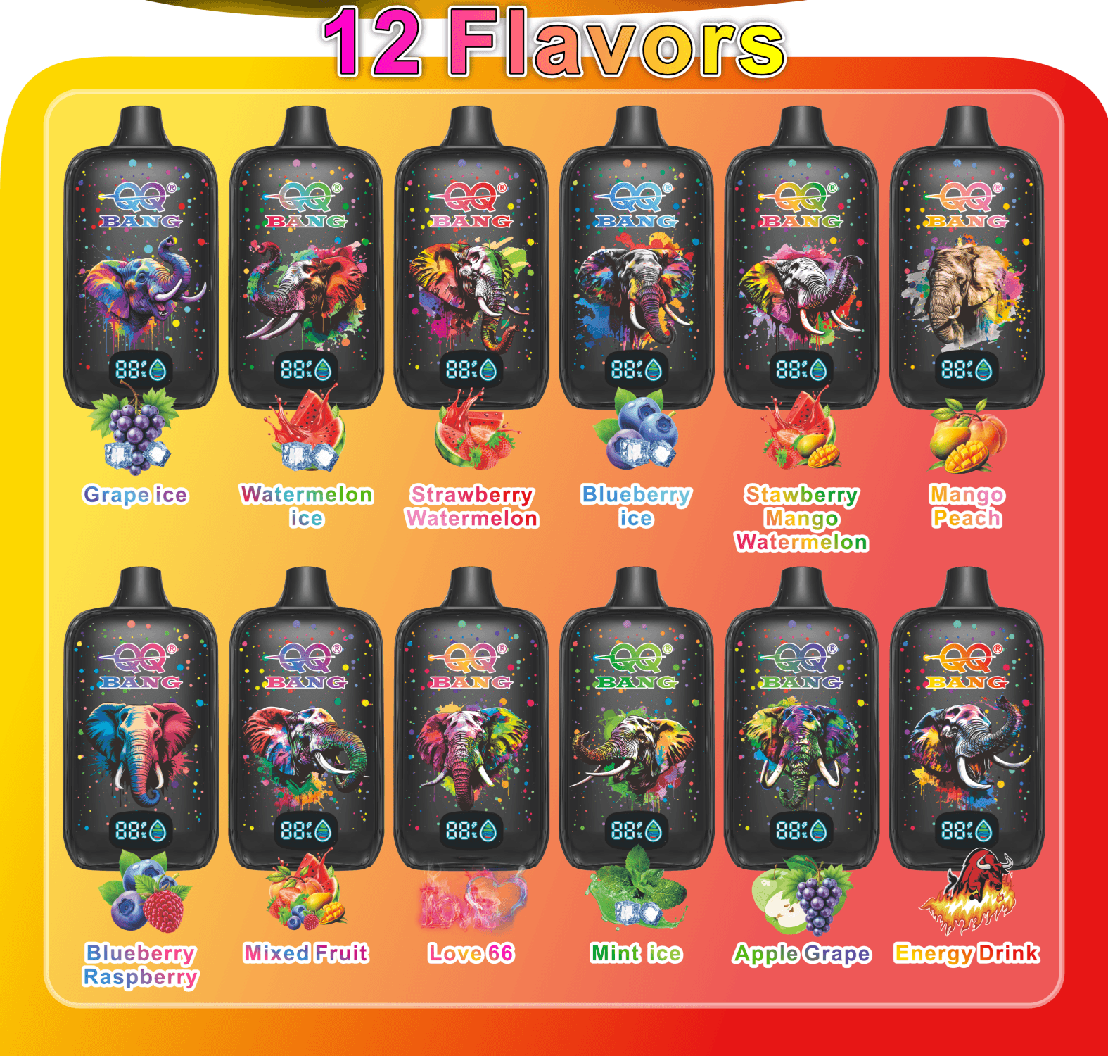 Graphic showing 12 QQ Bang vape flavors with colorful elephant designs, including Grape Ice, Mango Peach, Mint Ice, and more