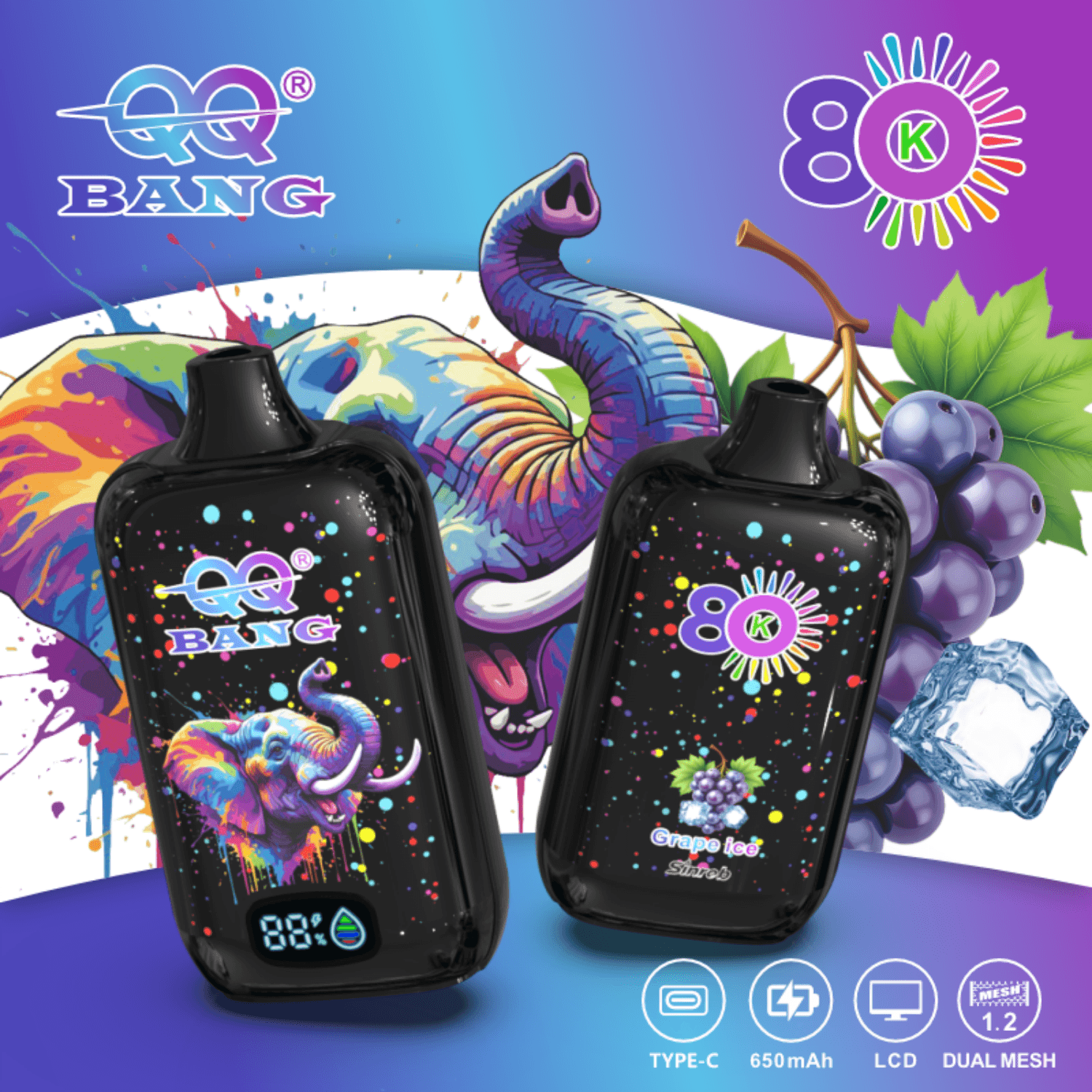 Two black BANG 80K vape devices with colorful elephant art and Grape Ice flavor, plus Type-C, 650mAh, LCD, and dual mesh icons