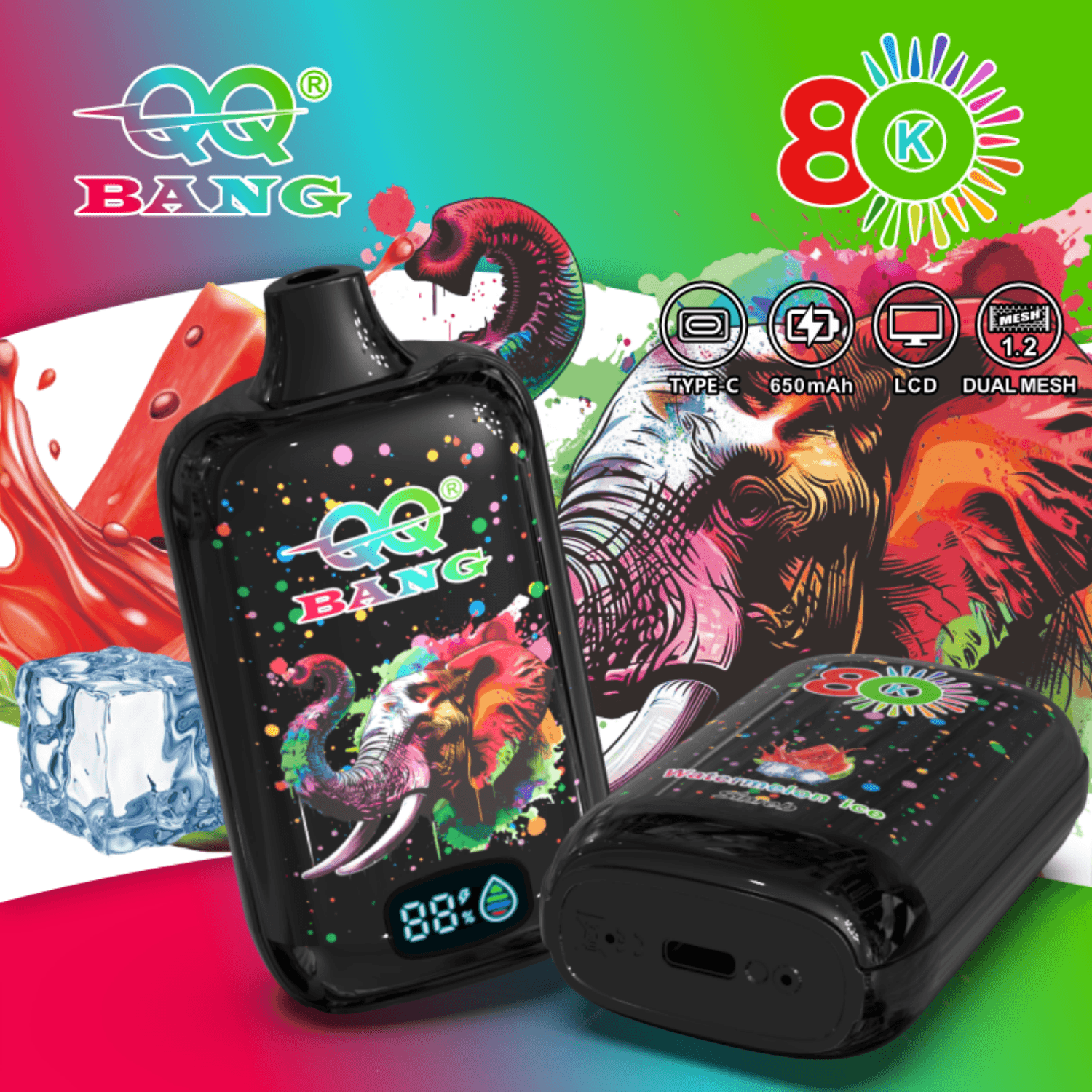 Colorful 80K Bang watermelon ice vape device with elephant artwork, LCD display, and Type-C charging icons