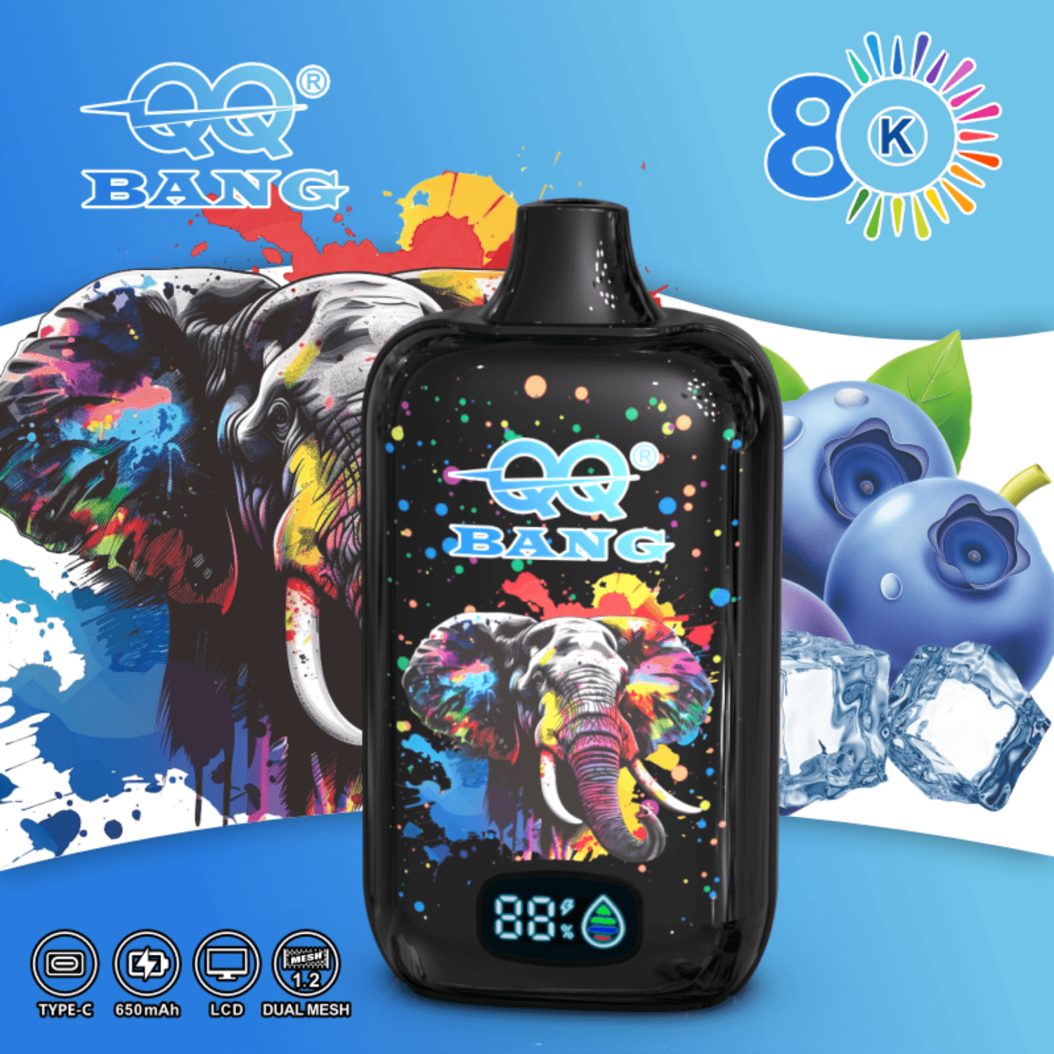 Black EQ Bang vape device with colorful elephant art, 80K puffs, shown with blueberries and ice cubes on blue background