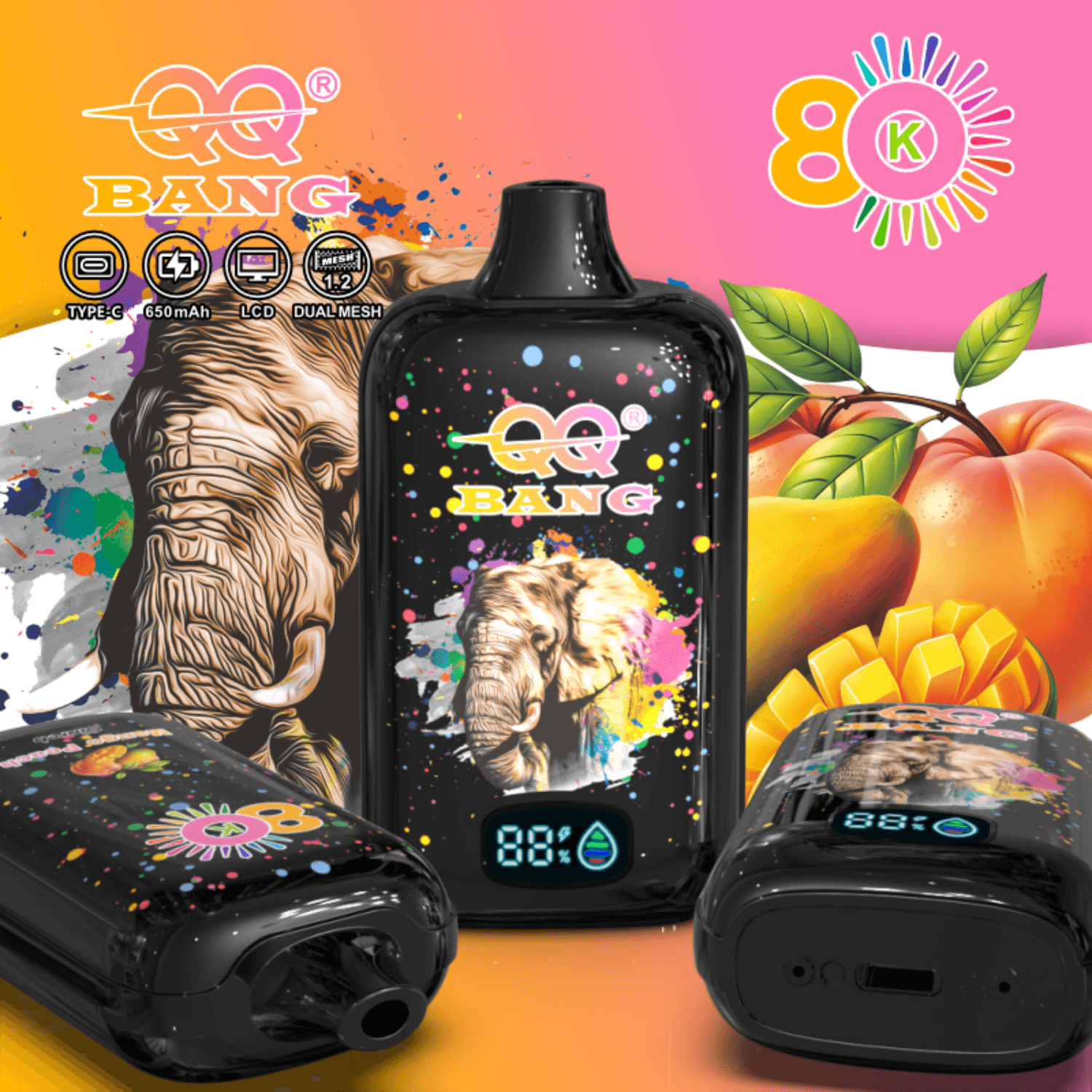 QQ Bang 80K disposable vape with elephant artwork, LCD display, and mango and peach flavor graphics in background