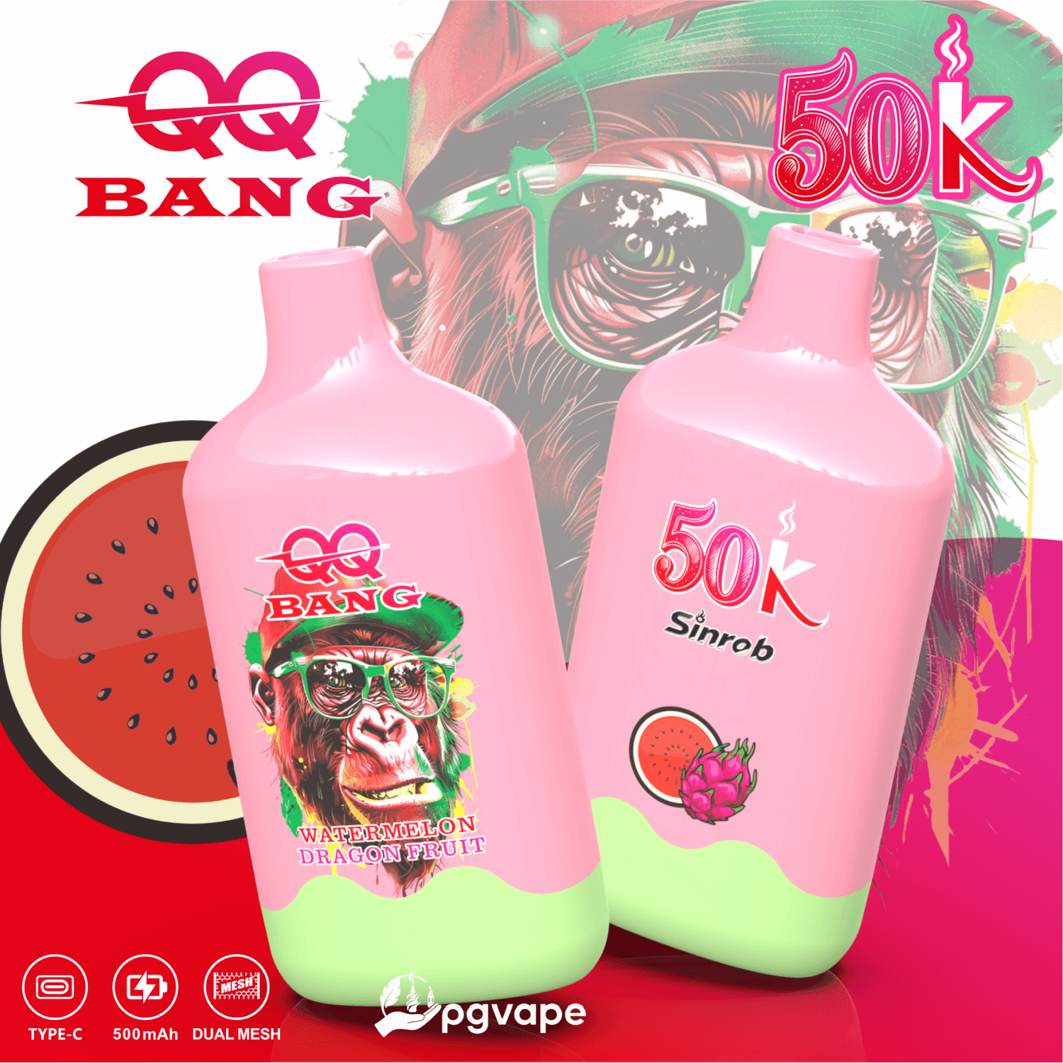 Two pink vape bottles with fruit graphics, “BANG” “50K” text, and a “pgvape” logo background