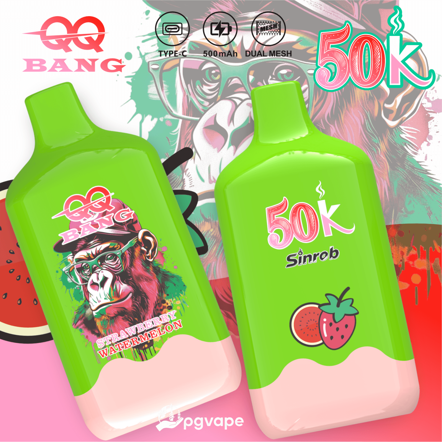 Bright green 500K vape device packaging with “50K” and “sinrob” branding, plus “TYPE-C 500 mAh” icons