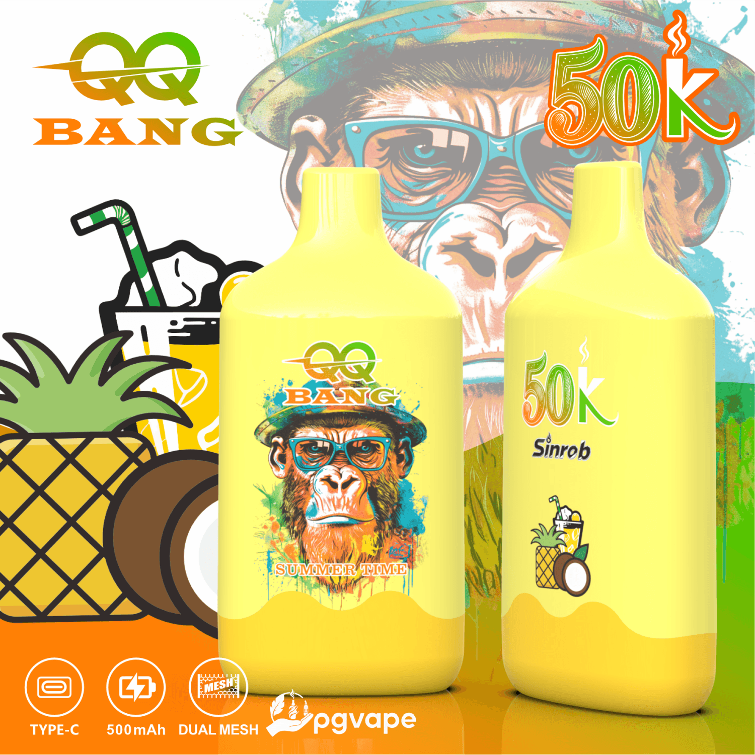 Two yellow vape bottles with gorilla artwork, “BANG” text, and “50K” label on a colorful summer-themed poster