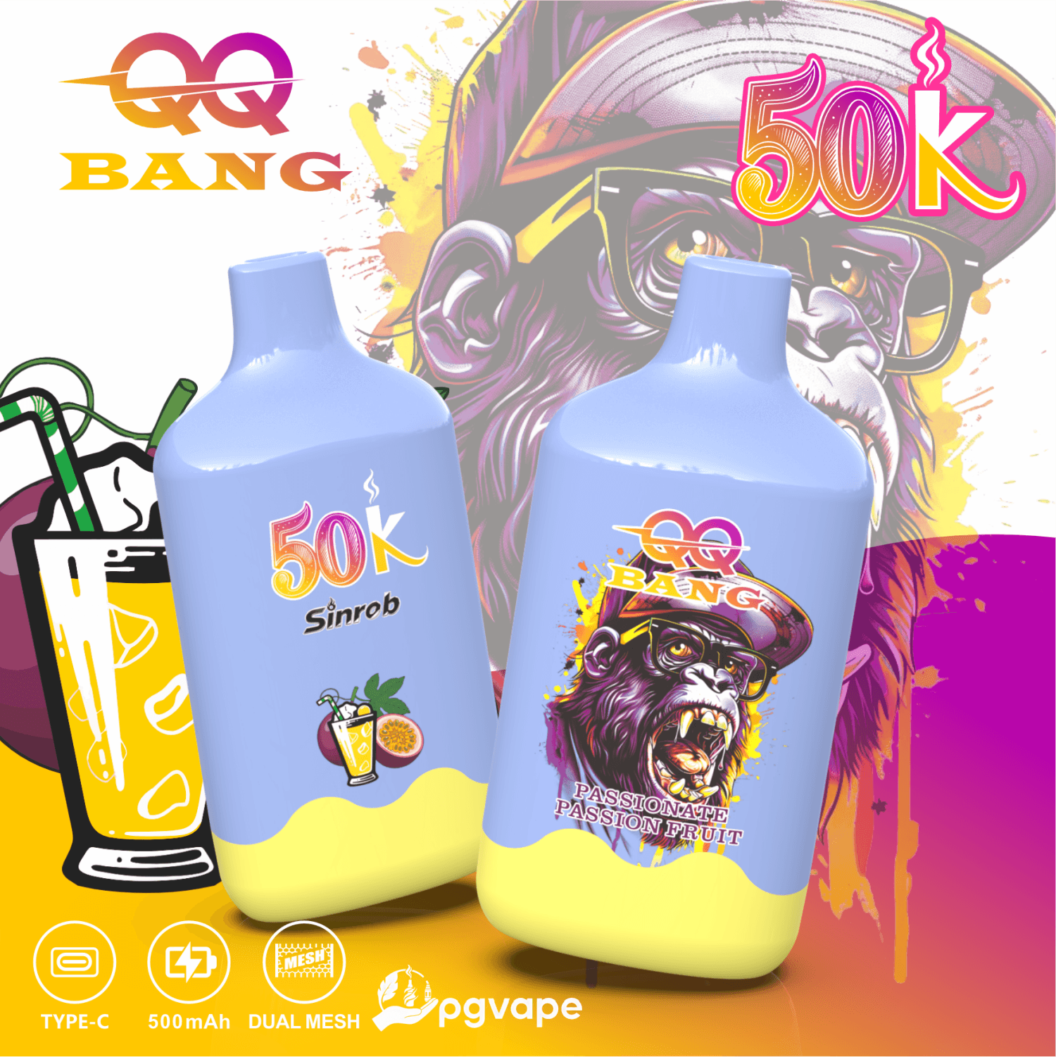 Two blue 500ml energizing bottles with 5K branding and a gorilla face graphic on a colorful banner