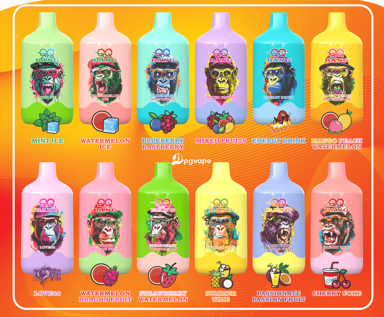 Row of colorful e-liquid bottles with “BANG” branding and fruit flavors like mint ice, watermelon, and mixed fruits
