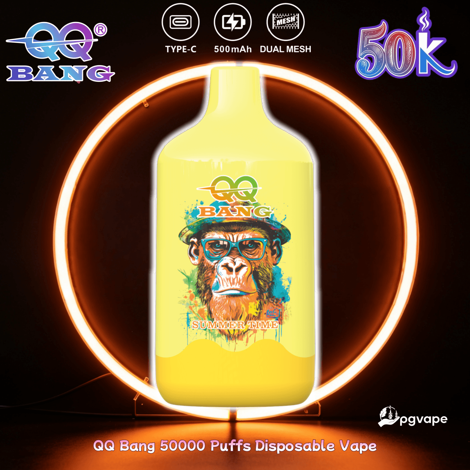 Yellow disposable vape bottle with monkey graphic, “BANG” and “SUMMER TIME,” surrounded by 360° light ring