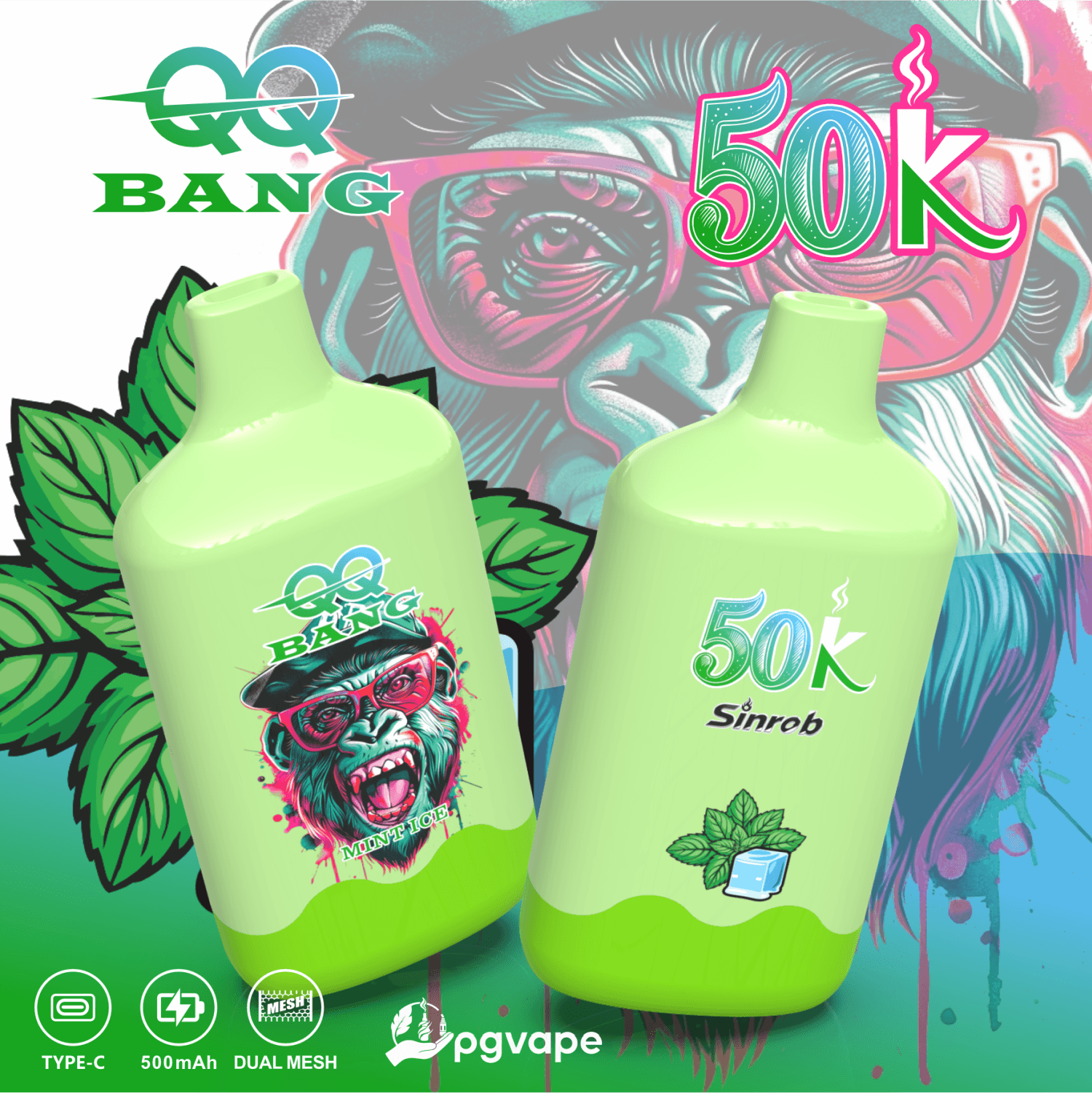 Two neon green vape bottles with “50K” and “BANG” designs over a colorful street-art background
