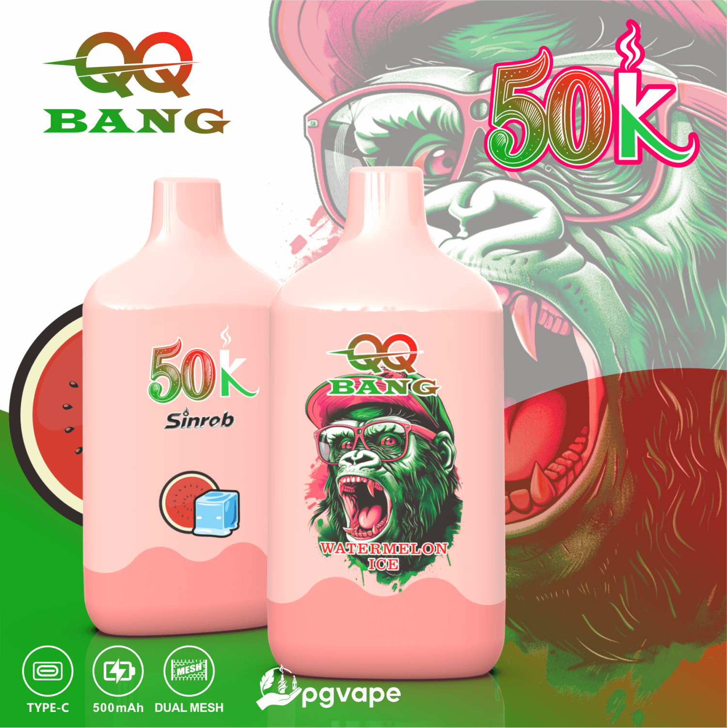 Two pink 500k BANG e-juice bottles with flaming number 50K text and a green angry mascot in the background