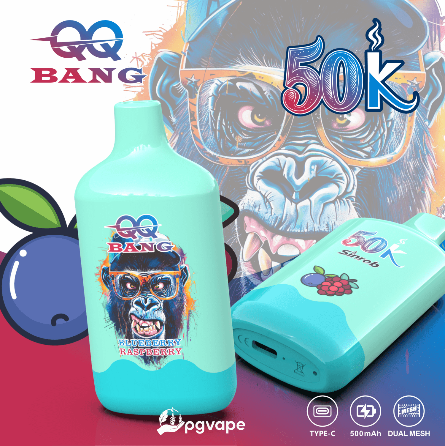 Gaming e-liquid label featuring a gorilla face, “BANG” branding, and “50K” graphic on vape packaging