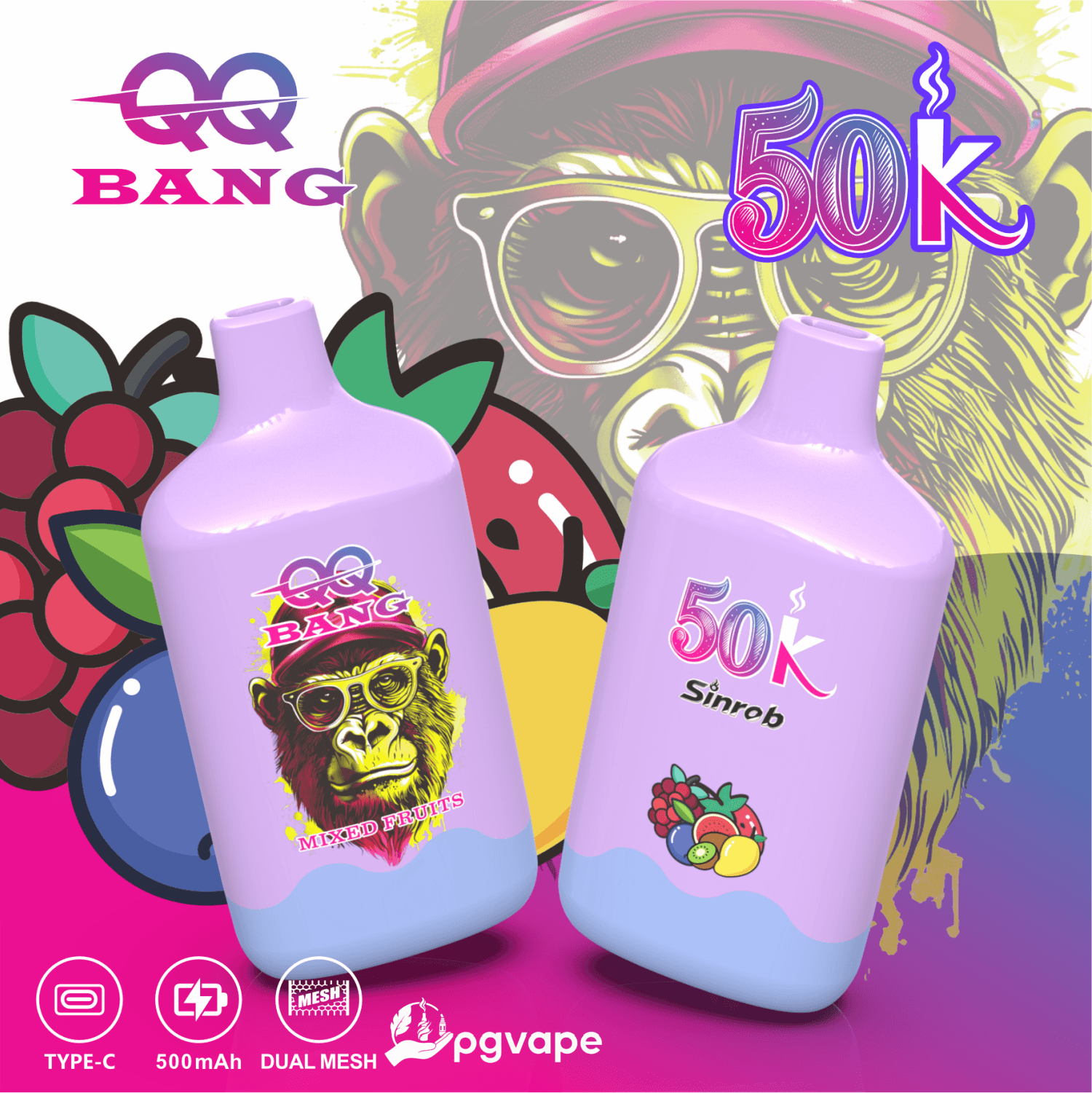 Two purple 50K and 500mg vape bottles with neon “50K” text and a gorilla graphic background