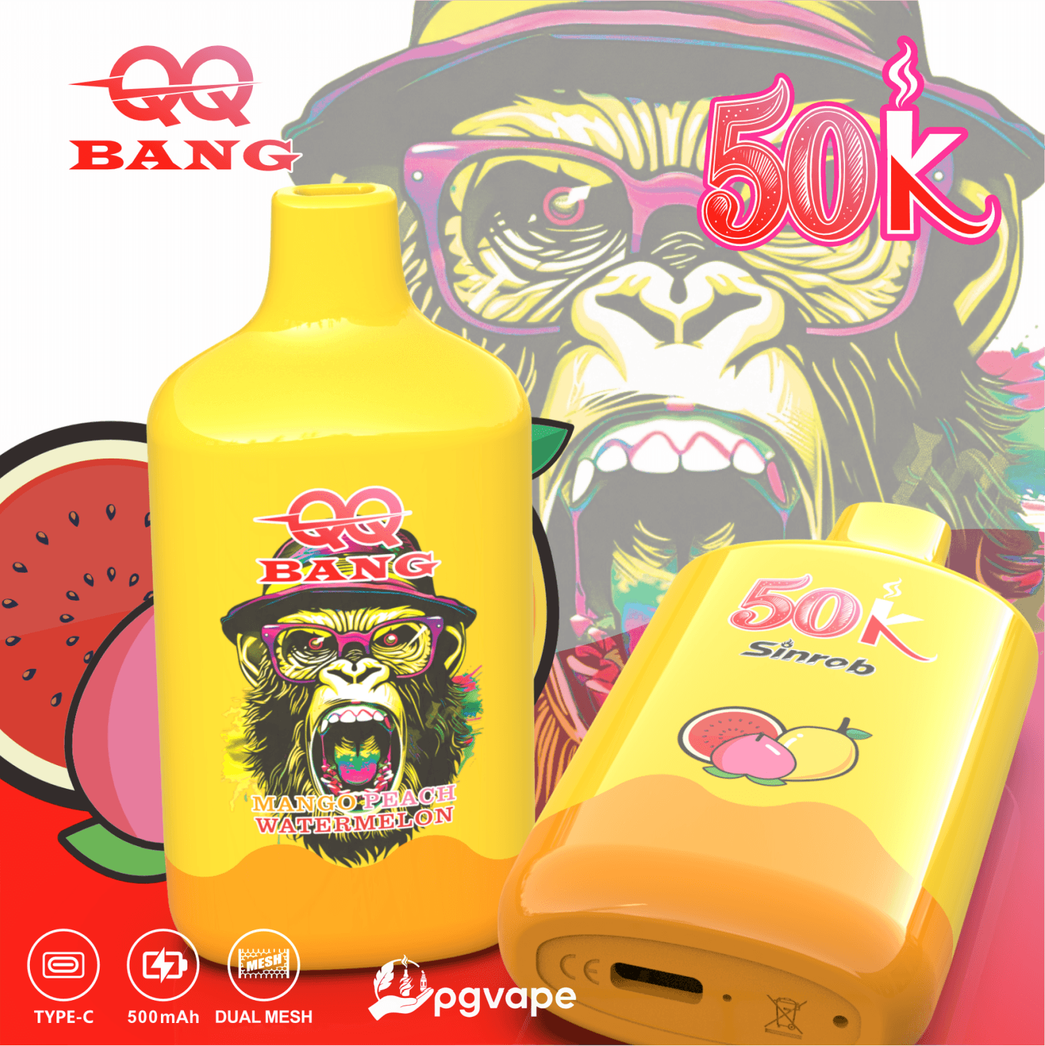 Bright yellow vape device packaging with 50K text and “Mango Peach Watermelon” label