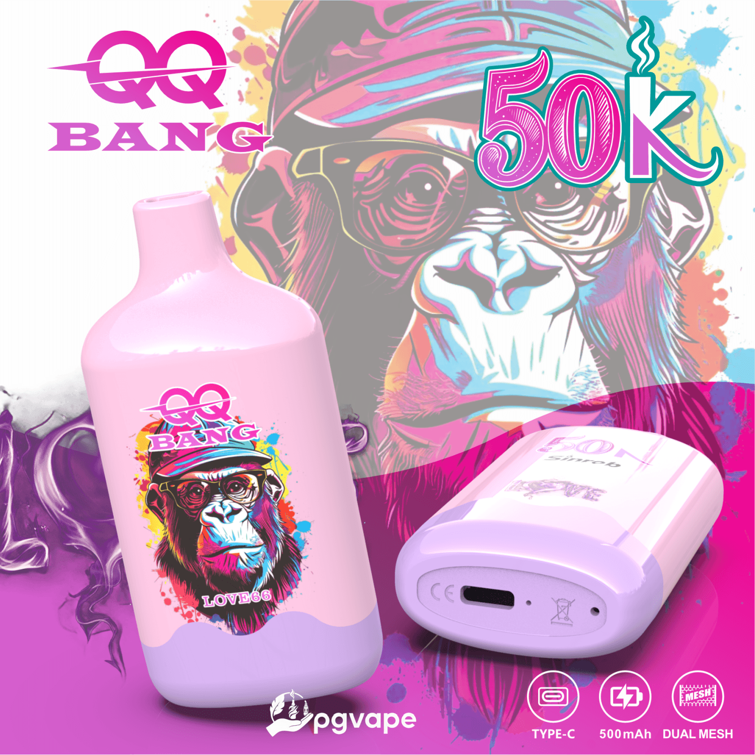 Purple cartoon-style image showing two vape devices with “BANG” “50k” text and a “Type-C, 500mAh, Dual Mesh” label