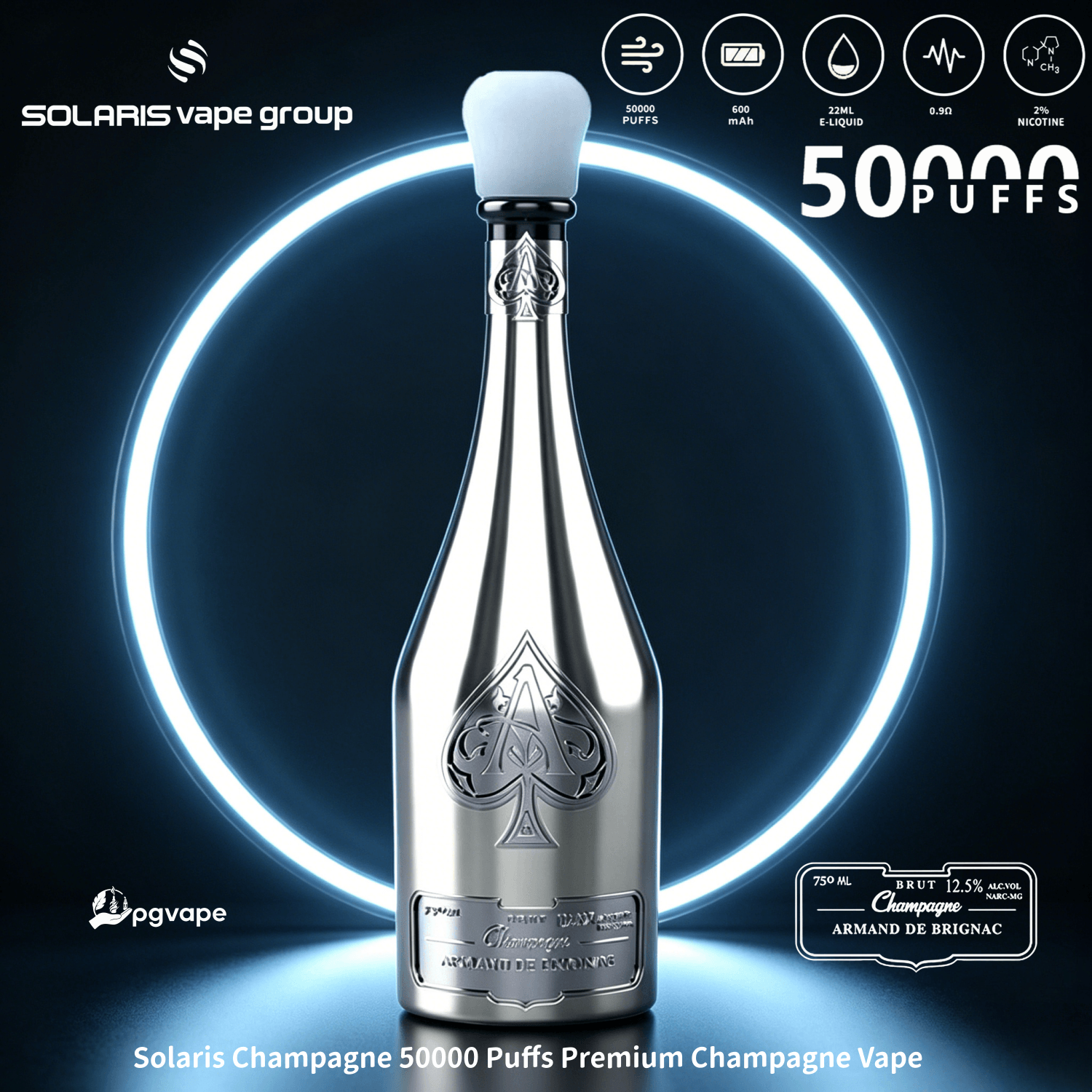 Silver champagne-style vape bottle with glowing ring, “50000 puffs” and “2% nicotine” on a dark blue ad
