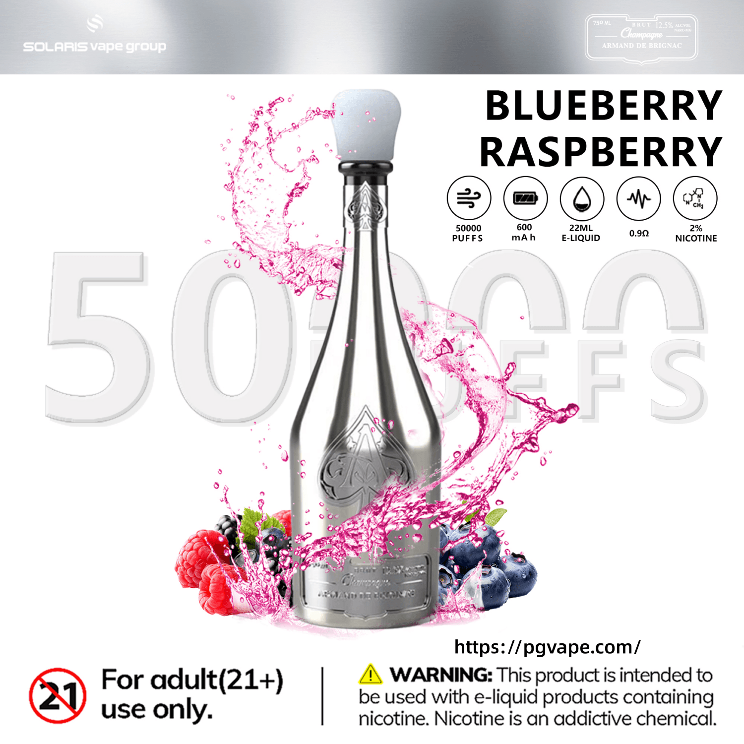 Blueberry raspberry vape device with pink berry splash, “50,000 puffs” and “0.2% nicotine” text