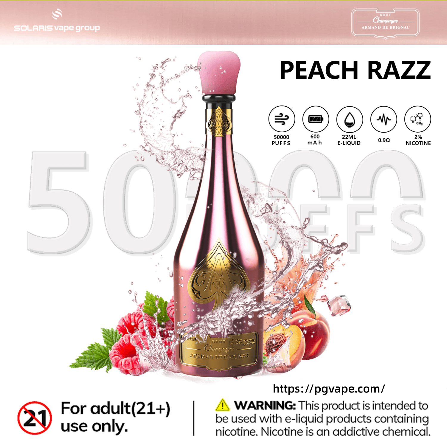 Peach Razz e-cigarette vape cartridge with pink bulb, splash background, and product stats text like 50000 puffs and 22ML