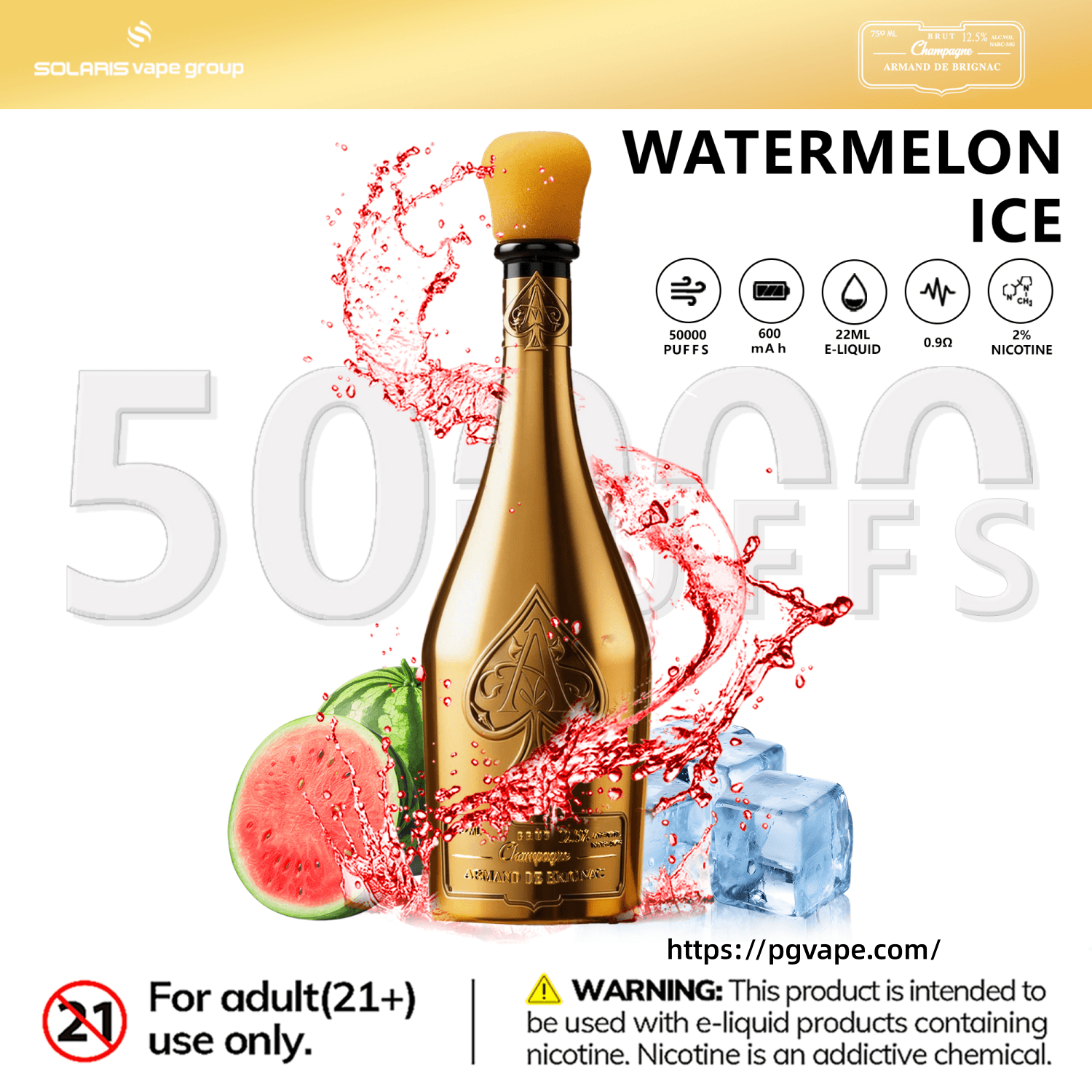 Gold vape bottle labeled Watermelon Ice with splash graphics, “50000 puffs” and “2% nicotine” text
