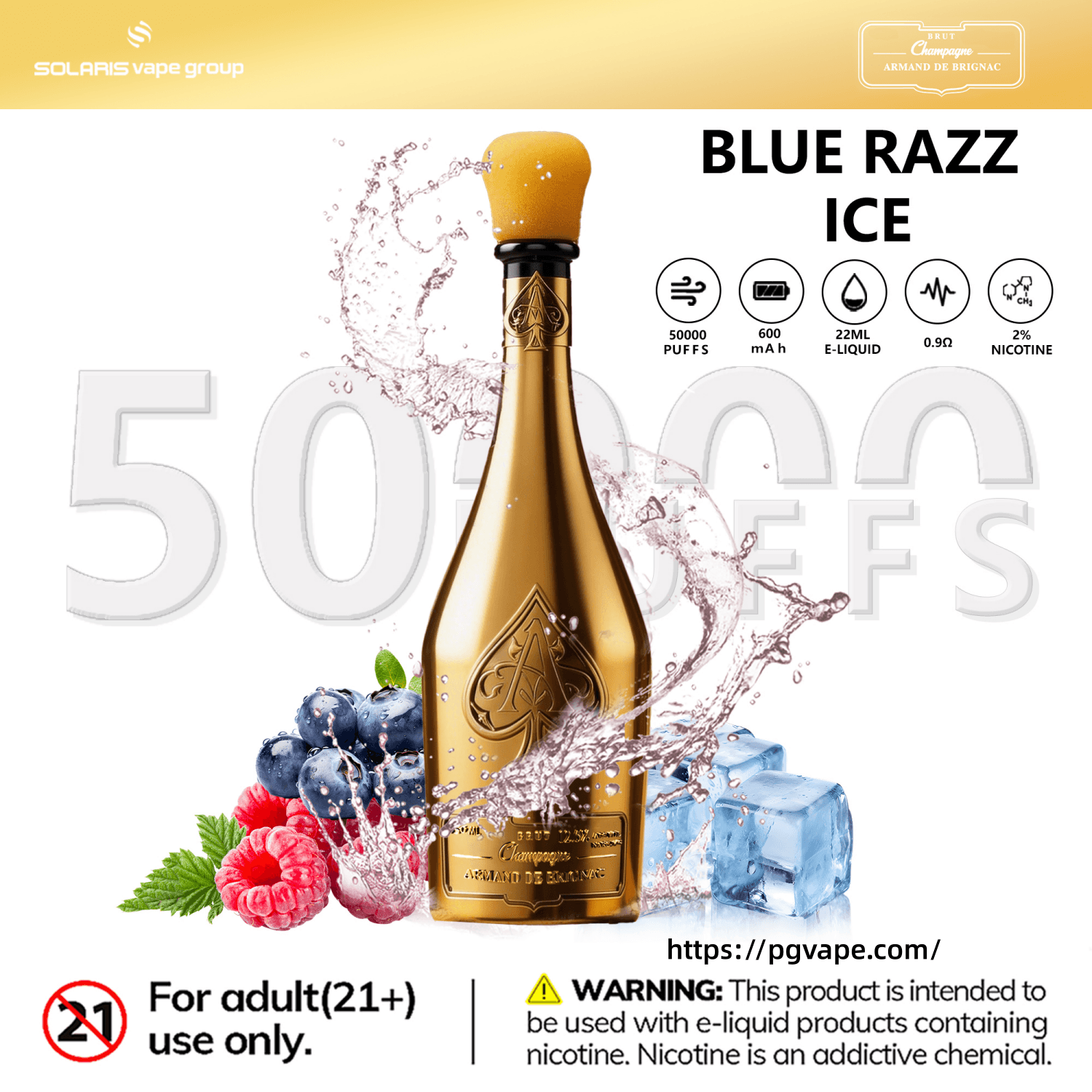 Gold vape bottle with orange cap, “BLUE RAZZ ICE” flavor label and icons showing 50,000 puffs and 2% nicotine