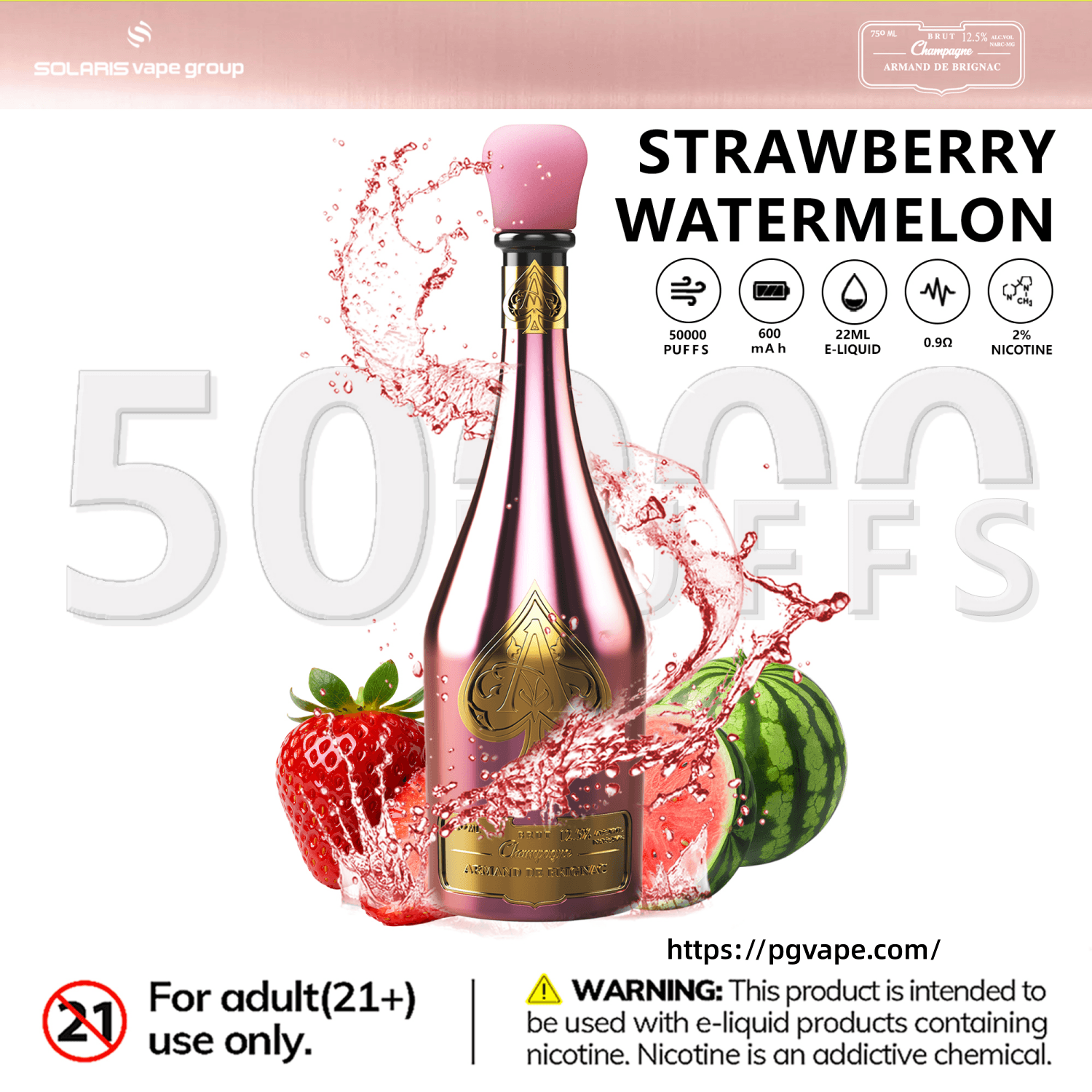 Strawberry watermelon vape bottle with splash droplets, “50,000 puffs” and nicotine warning text