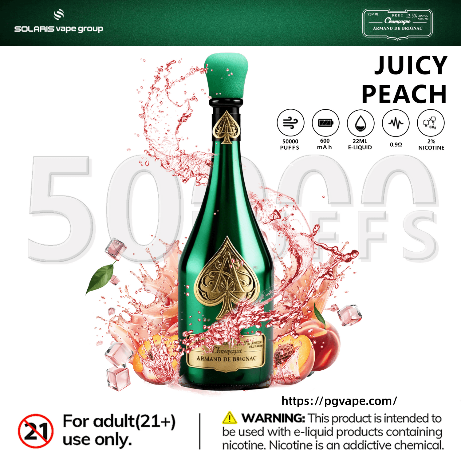Juicy Peach green vape bottle with “50000 puffs” and nicotine stats, splash artwork, and warning text