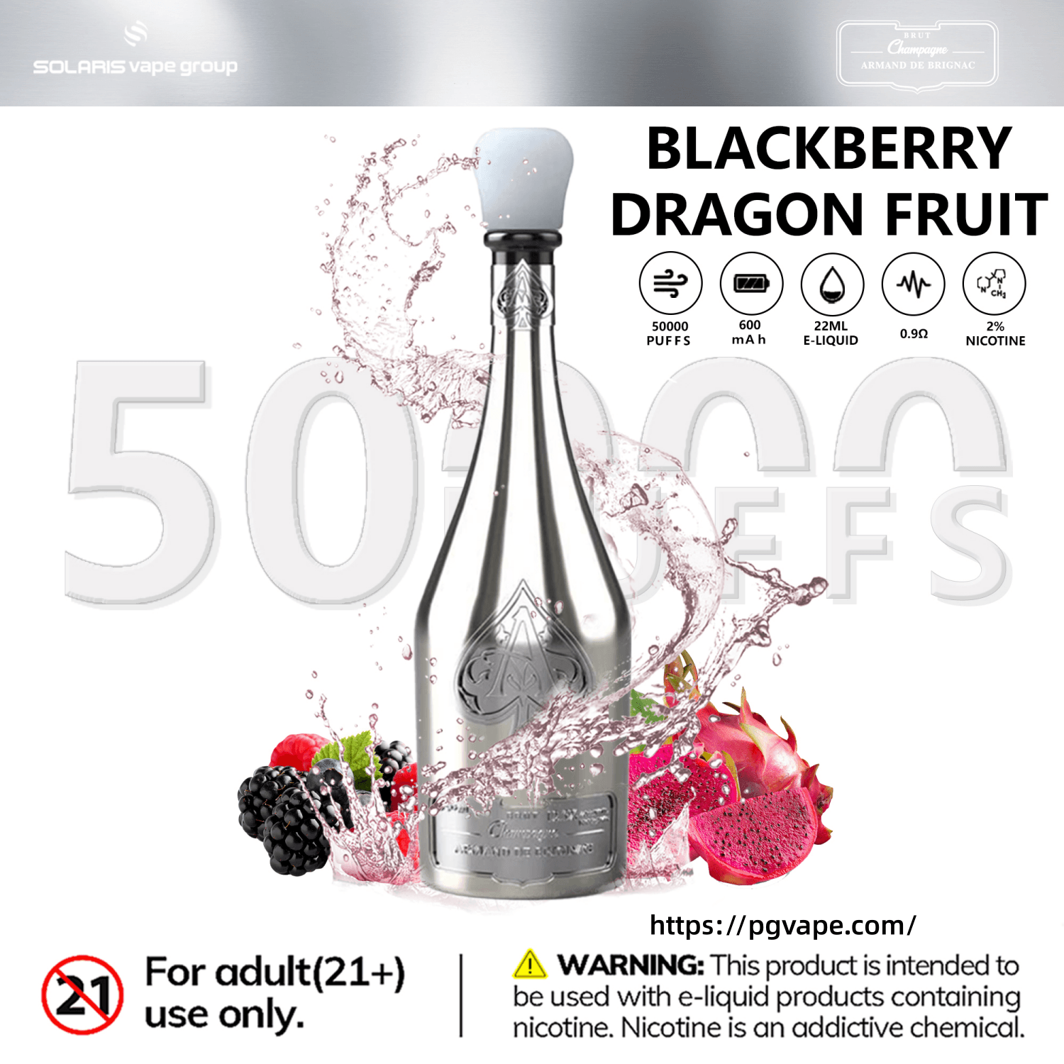 Blackberry Dragon Fruit vape bottle with flavor icons and specs, 50,000 puffs and 2% nicotine on white background