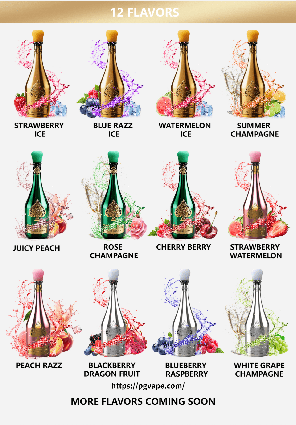 12 flavored champagne-style vape bottles with fruit illustrations and labels such as Strawberry Ice, Blue Razz Ice, Watermelon Ice