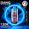 Disposable vape device labeled BANG LEGEND and 120K featuring a stylized monkey with a pink hat and sunglasses, centered inside a glowing blue smoke ring and accompanied by icons for 5-in-1 flavors, mesh coil, 50ml capacity, Type‑C charging and 360° rotation.