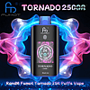Sleek black Fumot Tornado disposable vape with a central color display reading '24' and labeled 'Tornado 25000 Black Ice', centered against vibrant blue and pink swirling vapor and product text advertising 25K puffs.