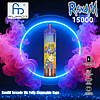 Cylindrical RandM Tornado 15,000‑puff disposable vape with a colorful cartoon monkey illustration centered inside a glowing blue neon ring against a dark background with swirling pink and purple vapor, FUMOT logo at top left and feature icons (rechargeable 850mAh, 25ml reservoir, USB‑C, adjustable airflow) along the right side.