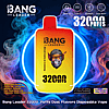 Bright promotional image showing a yellow-orange Bang Leader disposable vape device labeled 32000 puffs centered against swirling blue and purple vapor and a neon ring, with icons and text indicating dual 28ml pods, Type‑C charging, a 650mAh battery and dual mesh coils, and a banner promoting dual flavors.