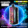 Promotional image of a black Mr. Goodie disposable vape with a colorful graffiti panel labeled "Blue Razz" centered inside a glowing neon-blue ring amid purple and teal vapor, with text and icons advertising 50,000 puffs, DTL & MTL 2-in-1 modes, 1100mAh battery and 40mL e-liquid plus small product specs and the pgvape logo.