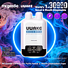 White UWAKE disposable vape device with two rounded top nozzles and a black control panel, centered on a glowing blue ring against swirling purple and blue smoke, branded with 'mr.goodie' and 'UWAKE' and labeled '30,000 puffs' with icons for mouth and nasal inhalation.