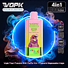 Colorful VOPK Four Flavors 4-in-1 disposable vape device with a pink-to-green gradient and a lion wearing sunglasses and a cap on the front, set inside a glowing blue smoke ring with icons indicating 800 puffs, 650mAh battery, Type-C charging and a digital display.