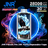 Front-facing JNR Falcon Pro disposable vape device featuring an eagle illustration and a small digital display, centered inside a glowing blue ring with swirling red and blue smoke and product text indicating 28,000 up to puffs and 30 ml e-liquid.