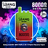 Colorful advertisement for a Bang Leader disposable vape showing a green-to-red device labeled 80,000 puffs centered inside a glowing blue ring against swirling pink and blue vapor, with icons for Type-C, 80,000 puffs and dual mesh on the left, a 'Three Flavor' circular badge and large '80,000 puffs 3 in 1 Flavors' text on the right, and 'Shipment from EU Free Shipping' and the product name along the bottom.