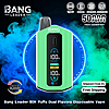 Mint-green Bang Leader disposable vape centered on a blue-green smoky background, with a black vertical digital display showing battery percentages and POWER/NORM/TURBO indicators, a top mouthpiece, and visible badges for dual flavor, 50K puffs, Type-C/650mAh/dual-mesh/adjustable, plus 'Shipment from EU' and 'Free Shipping' labels.