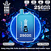 Promotional image of a blue Bang King disposable vape device with crown logo centered on a shattered neon-blue background, marked 25,000 puffs and showing icons for Type-C charging, 650 mAh battery, 46 ml e-liquid and 1.0 Ω mesh coil, with banners noting Shipment from EU and Free Shipping.