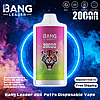 Front-facing colorful Bang Leader disposable vape with a roaring tiger graphic and large '20,000 puffs' branding, shown against a cosmic blue and purple smoky background with icons and text indicating 28ml capacity, Type‑C charging, 650mAh battery, dual‑mesh coil, and 'Shipment from EU' / 'Free Shipping' labels.