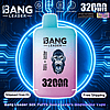 Gradient blue-to-pink disposable vape device labeled BANG LEADER with a roaring gorilla logo and large 32000 PUFFS text, set against a neon blue circuit-board background with icons for dual 28ml pods, Type-C charging, 650mAh battery and dual mesh, plus 'Shipment from EU' and 'Free Shipping' badges.