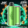 Immagine promozionale di due dispositivi di vaporizzazione usa e getta JNR Aurora 27K verde lime metallizzato che mostrano il logo Aurora e il marchio JNR, su uno sfondo circolare verde neon con fiamme e testo che legge 'JNR Just No Reason' e 'Aurora 27K', con una piccola icona di e-liquid da 10 ml.