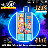 Bright promotional graphic of a metallic turquoise UOR 120K disposable vape with windowed panels showing colorful cartoon artwork including a roaring gorilla, set against glowing blue and purple smoke and overlaid with icons for Type‑C, 64mL, 650mAh, 4 flavors and mesh coil plus labels reading EU Warehouse, Free Shipping and 4 in 1.