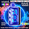 Purple-blue Vozol Rave 40000 disposable vape with oval cutouts and the Vozol logo, shown against a neon circular backdrop with blue and orange vapor and product text indicating up to 40,000 puffs, 20 mL e-liquid capacity, mesh coils and 1000 mAh battery.