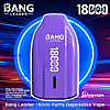 Purple Bang Leader disposable vape with “18000 puffs” printed vertically, centered against a glowing neon blue circle and streaked purple-pink background, with small logos and product specs in the image corners.
