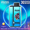 Bright turquoise disposable vape device labeled Bang Leader with a snarling purple tiger graphic, digital puff counter and large "30,000 puffs" text, flavor noted as Blueberry Raspberry Mixed Fruit and small icons for 30ml, 550mAh battery and mesh coil set against a glowing blue circular background.