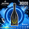 Black champagne-bottle-shaped disposable vape with a gold 'Champagne Vape' label centered against a glowing blue neon circular backdrop, surrounded by splashing bubbles, a champagne flute, and brand logos reading SOLARIS, 30,000 puffs and pgvape.