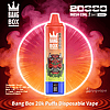 Bang Box 20k Puffs disposable vape with a red demon graphic on a gradient body, in front of a neon ring.