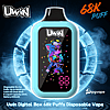 Turquoise Uwin disposable vape with a black screen showing a neon colorful cartoon cat and confetti, 68k puffs.